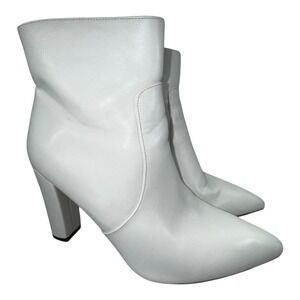 IDIFU Women's White Ankle Boots 4-inch Block Heels Pointed Toe Side Zipper Sz 10